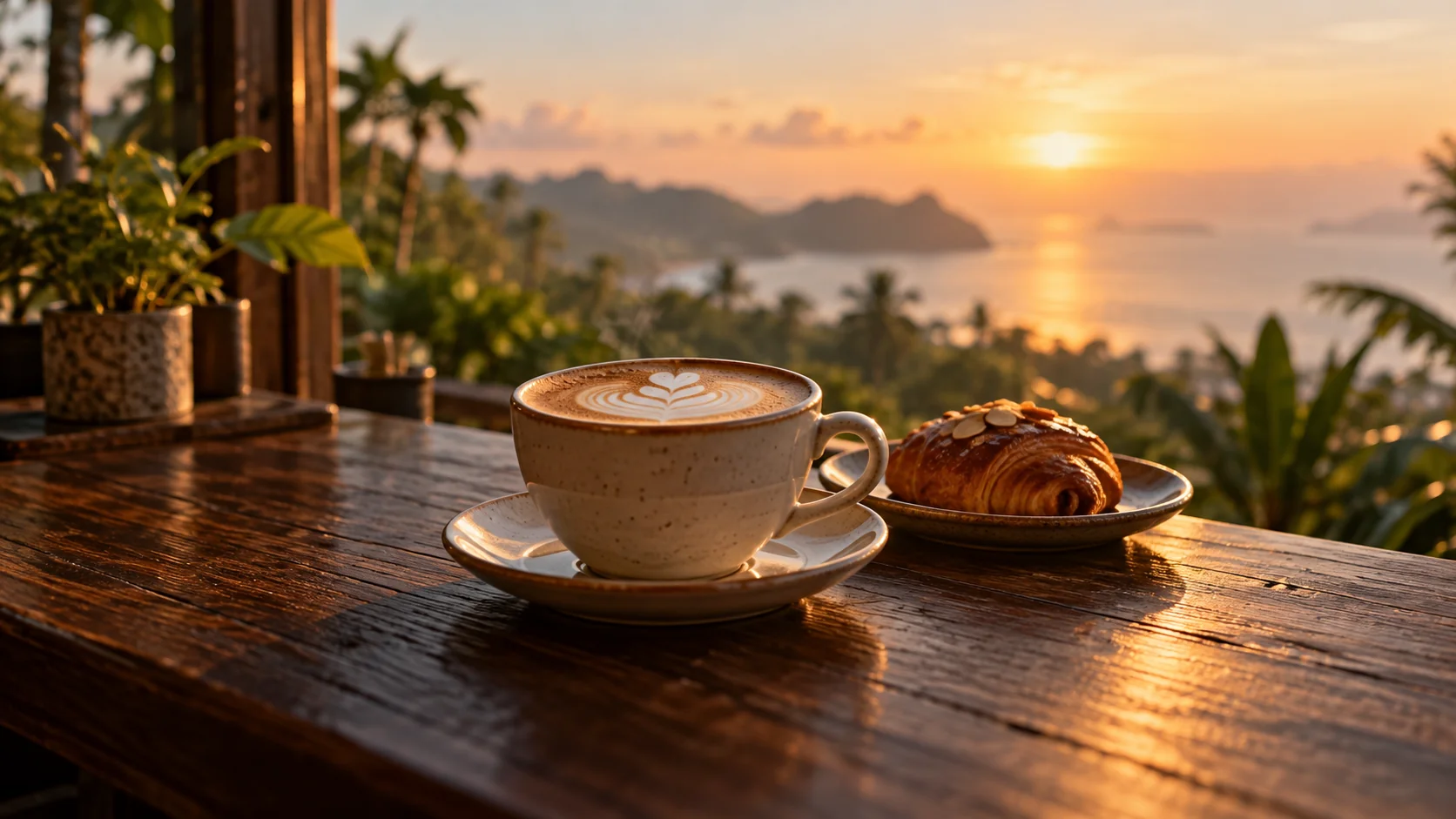 Illustrative scene of a latte and pastry at sunrise