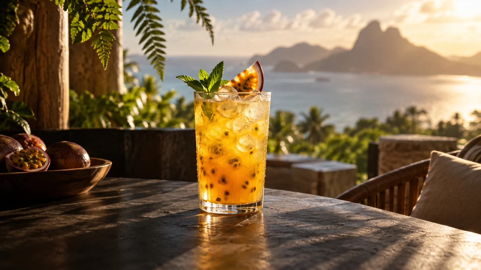 Illustrative scene of a golden fruit drink in warm light