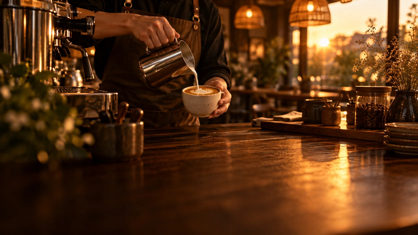 Illustrative scene of coffee being poured at a café counter