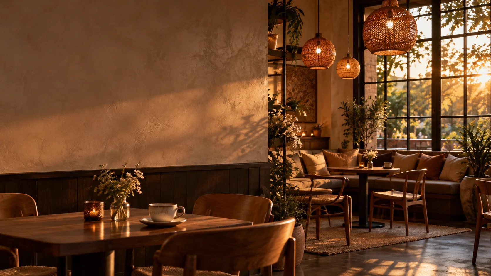 Illustrative scene of a warm café interior